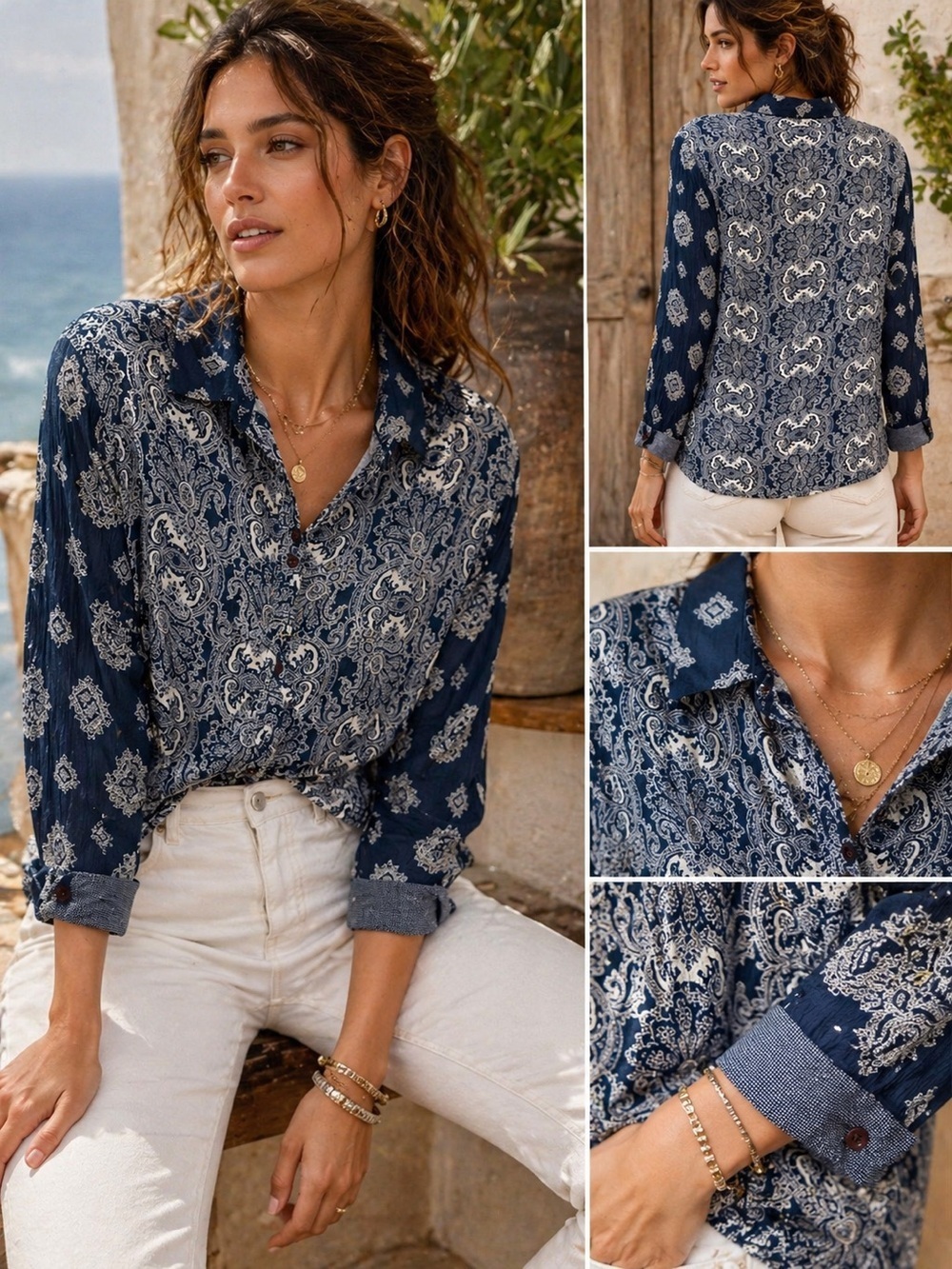 KENAR Blue Paisley Button Front Blouse Size M Saks Fifth Avenue Exclusive